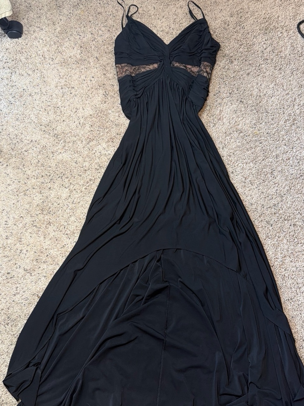 BCBGMaxAzria y2k Black Lace-Inset High-Low Maxi Dress